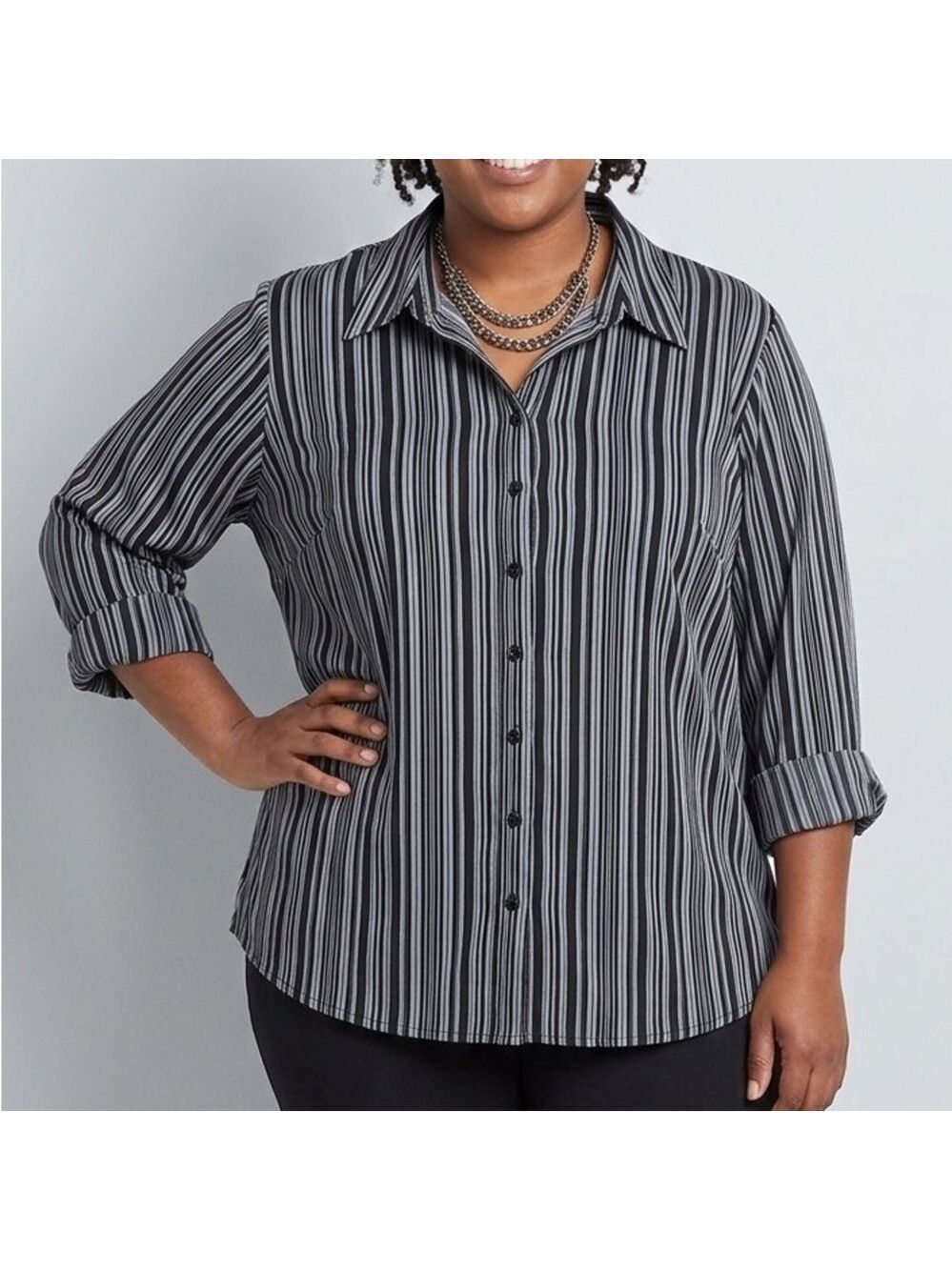 EAST 5TH Black and White Striped Button Front Long Sleeve Shirt 3X